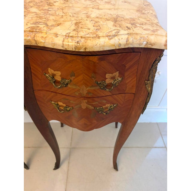 Antique French Kingwood Marquetry Marble Top Nightstands, 1920, Set of 2 For Sale - Image 13 of 18