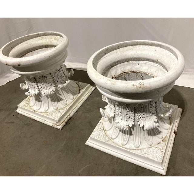 Pair of White Cast Iron Corinthian Column Planters, 22” Diameter For Sale - Image 4 of 7