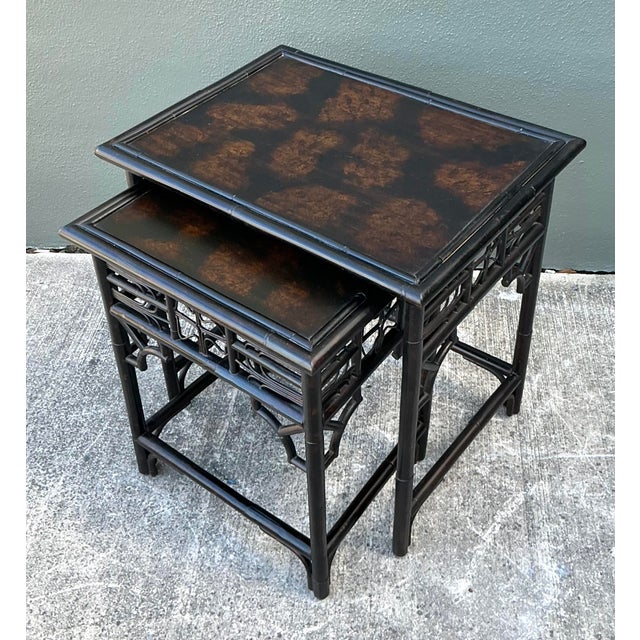 Chinoiserie Vintage Fretwork Rattan Nesting Tables - Set of 2 For Sale - Image 3 of 12