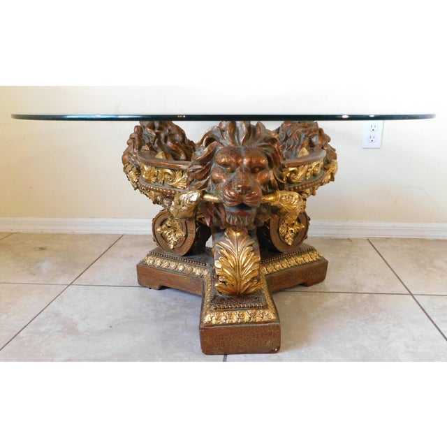Gold Vintage Gold Ornate Sculptural Lion Head Round Glass Top Coffee Table For Sale - Image 8 of 14