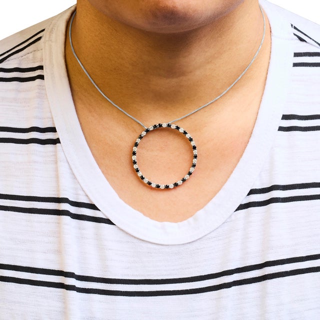 Haus of Brilliance .925 Sterling Silver 3.0 Cttw Alternating Black and White Diamond Open Hoop Circle Pendant Necklace (H-I Color, I3 Clarity) - 18" Inches For Sale - Image 4 of 5