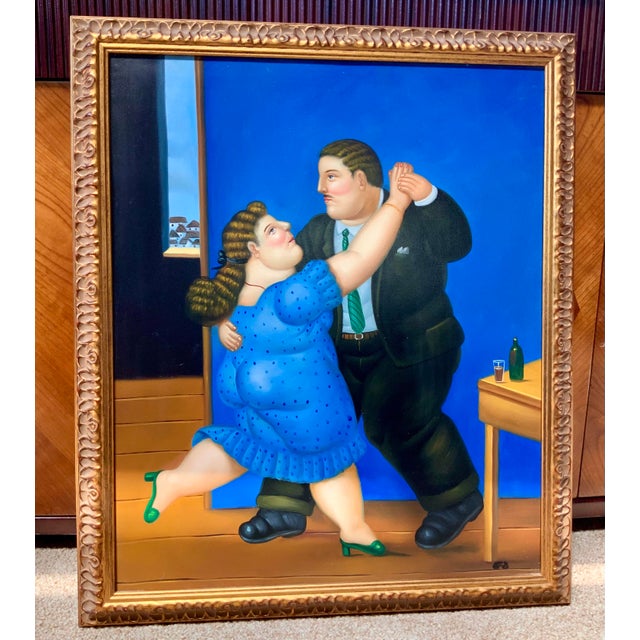 Blue Late 20th Century Fernando Botero (After) “Dancing Couple” Oil on Canvas, 27” X 23” Framed For Sale - Image 8 of 8