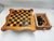 Wooden chess table with chess pieces, vintage from the 50s-60s, dimensions: height 7.5 cm, width 21.2 cm, depth 21.2 cm.