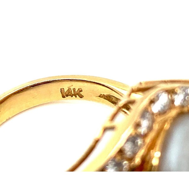 White Mid 20th Century Cultured Pearl & Diamond Cocktail Ring 14k Yellow Gold Size 6.5 For Sale - Image 8 of 8