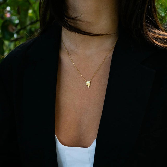 Mystic Owl Emerald Eyes Gold Necklace For Sale - Image 4 of 7