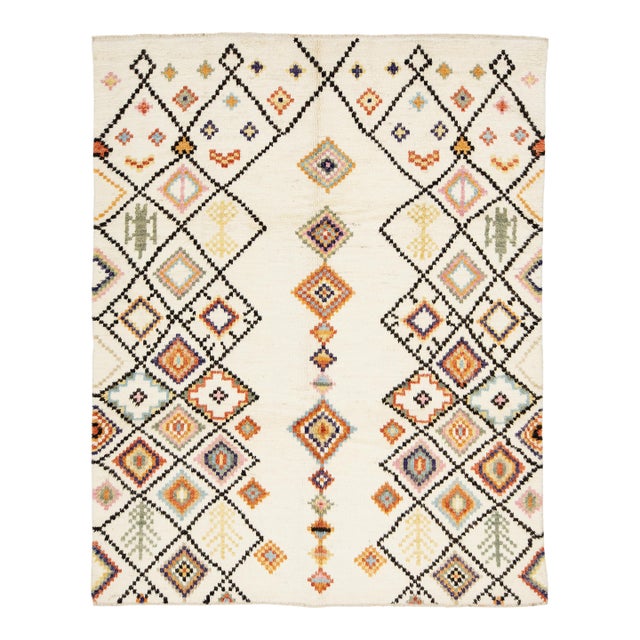 Modern Moroccan Style Hand-Knotted Wool Rug With Colorful Geometric Diamond For Sale