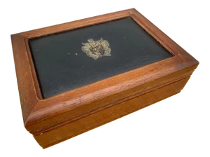 Midcentury Modern Wood and Leather Crest Jewelry Box
