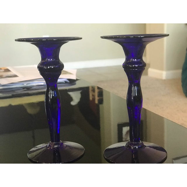 Late 20th Century Original Bristol Blue Glass Candlesticks in Box - a Pair For Sale - Image 10 of 13