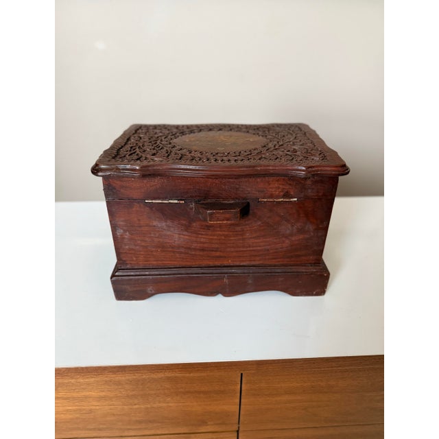 Vintage Hand Carved Imported Mahogany With Brass Inlay Jewelry Box For Sale - Image 9 of 10