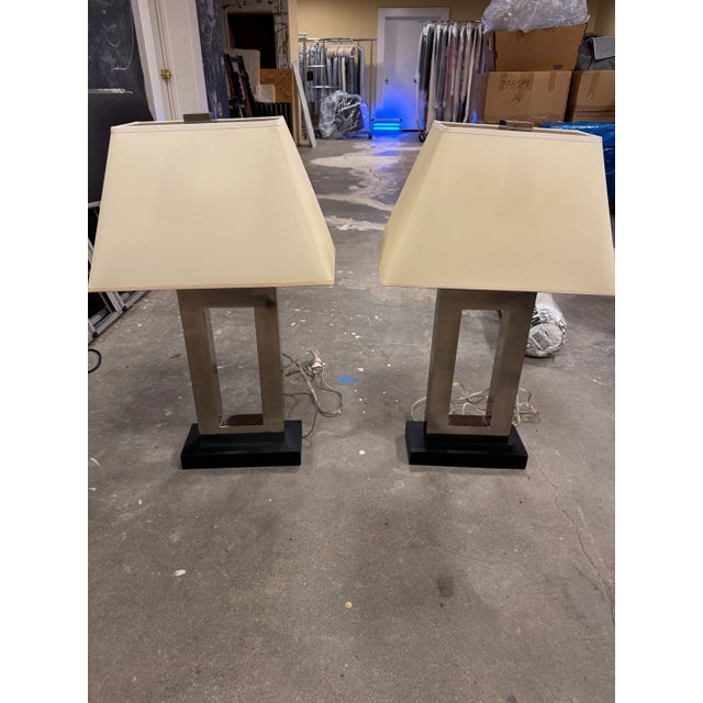 Metal Pair of Modern Brushed Robert Abbey Style Metal Open-Frame Table Lamps For Sale - Image 7 of 10