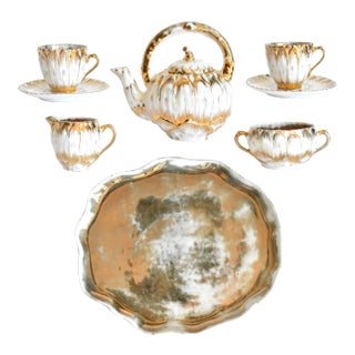 Antique Gold & White Porcelain Flower Petals Demitasse Tea Service - Set of 8 For Sale