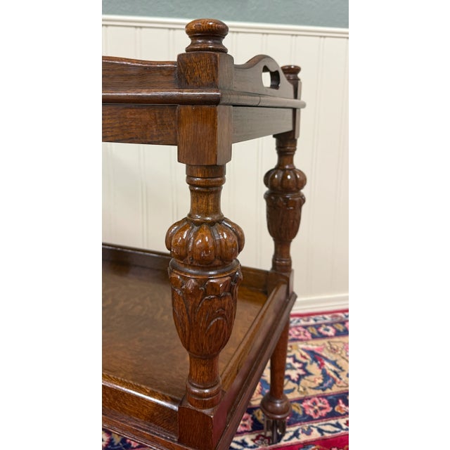 Antique English Trolley Tea Cart Pastry Cocktail Bar Cart Tray Tudor Oak 1930s For Sale - Image 12 of 15