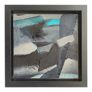 Miniature Black, Taupe, and Turquoise Textured Collage Painting in Shadow Box Frame – Modern Bookshelf Art Decor For Sale