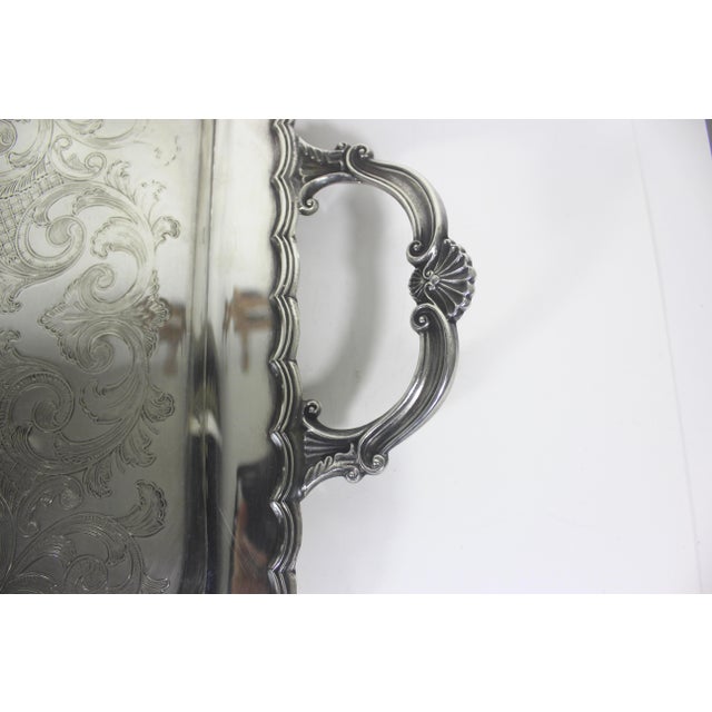 1950s Extra Large Butler’s Tray Silver Plated Rectangular Platter Vintage Plate Ornate Shell or Fan Handles Embossed Serving For Sale - Image 5 of 13