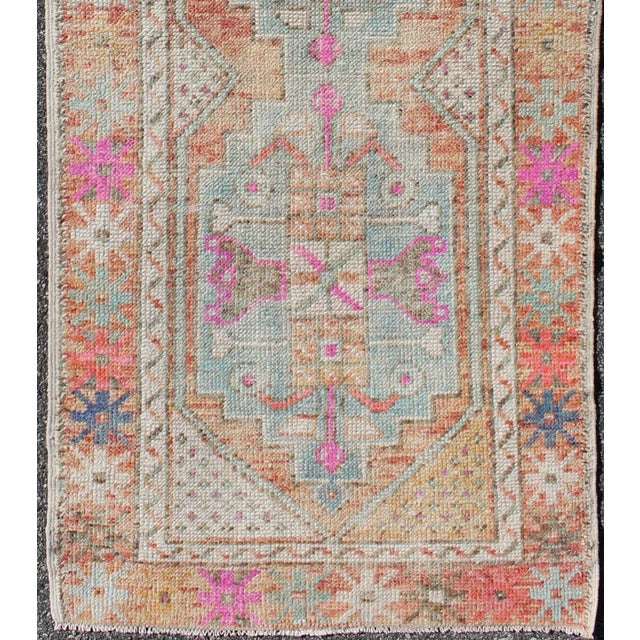 Mid 20th Century Vintage Turkish Oushak Geometric Runner With in Light Orange and Multi Colors For Sale - Image 5 of 8