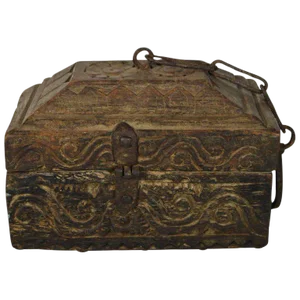 Antique Handmade Indian Carved Wood Money Box With Hardware, 19th Century