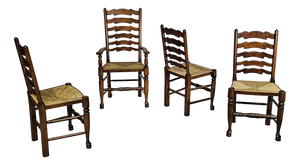 Rustic Oak Farmhouse Ladderback Dining Chairs with Rush Seats, 1960s, Set of 4