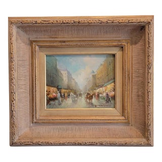 Mid 20th Century Paris Flower Market During the City's Belle Epoque Original Oil on Canvas by T E Pencke For Sale