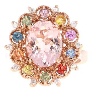 4.37 Carat Morganite Diamond Multicolor Sapphire Rose Gold Cocktail Ring, Size 7 For Sale