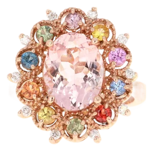 4.37 Carat Morganite Diamond Multicolor Sapphire Rose Gold Cocktail Ring, Size 7