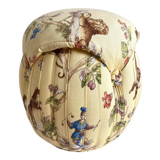 Yellow Circus Monkeys Upholstered Pillow Top Poof Ottoman For Sale