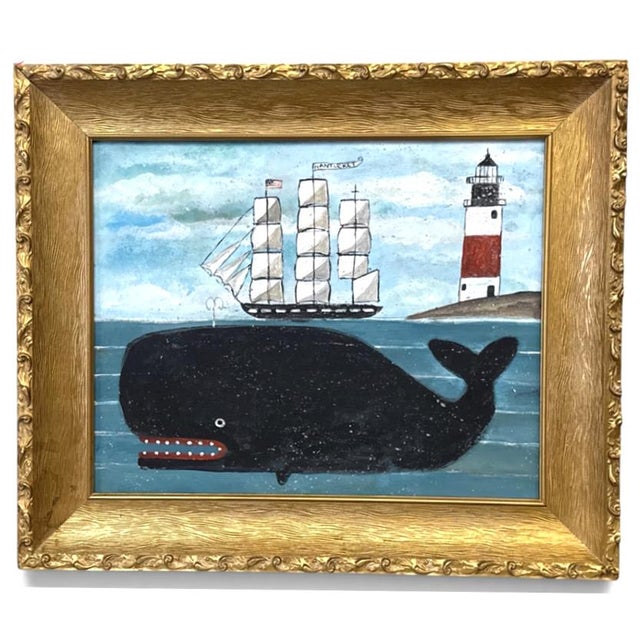 Melinda Kirkpatrick Folk Art Painting of a Whale and Ship, “Whale at Harbor” Contemporary A great black sperm whale swims...
