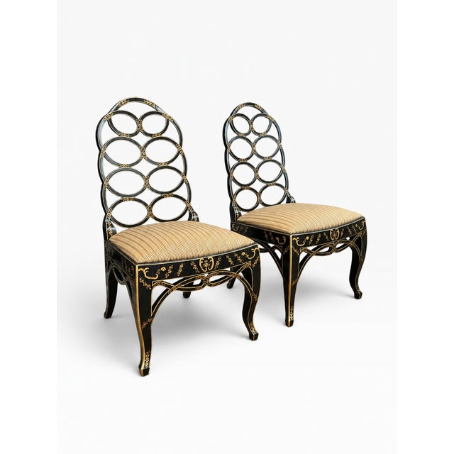 Chinoiserie Pair of Century Furniture Black & Gold Chinoiserie Side Chairs For Sale - Image 3 of 18