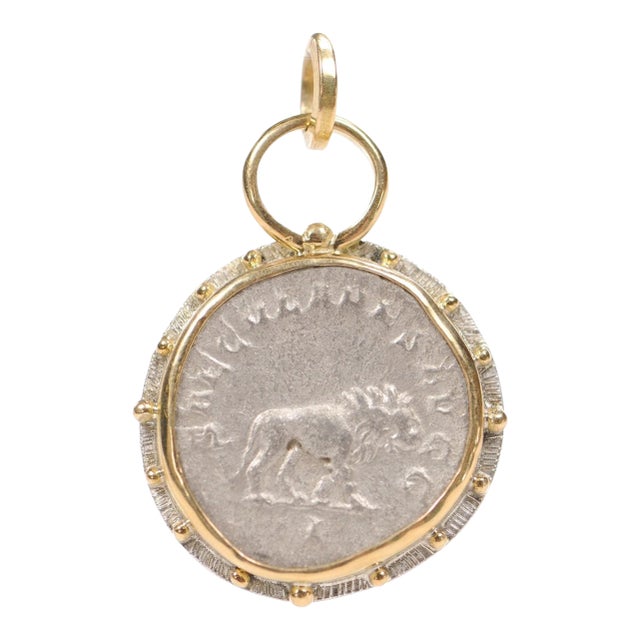 Silver Antoninianus Lion Pendant W 18k Gold For Sale