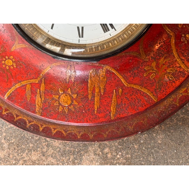 Metal Red Tole Chinoiserie Wall Clock For Sale - Image 7 of 7