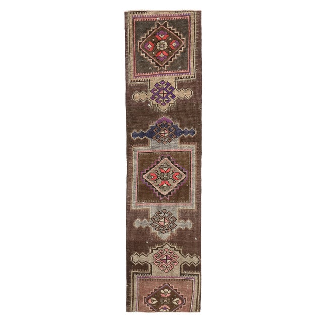 Vintage Turkish Oushak Handmade Wool Cotton Brown Runner Rug For Sale - Image 9 of 9