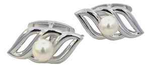 1990s Mikimoto Estate Akoya Pearl Mens Cufflinks Silver, 2 Pieces