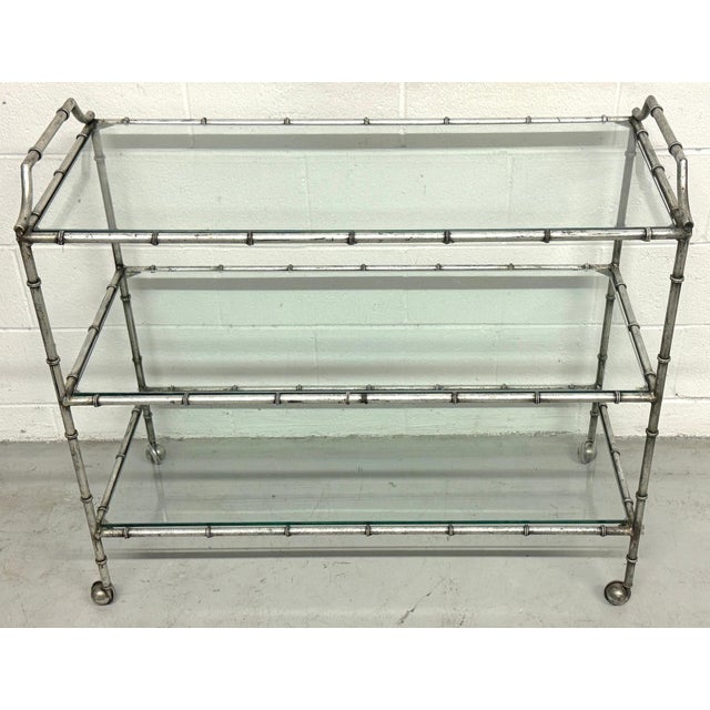 Silver Large 3-Tiered Maison Jansen Faux Bois Silver-Leaf Trolley/ Bar Cart For Sale - Image 8 of 18