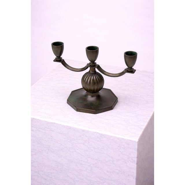 1930s Swedish Art Deco Bronze Three-Arm Candleholders by Jacob Ängman for Gab, 1930s, Set of 2 For Sale - Image 5 of 8