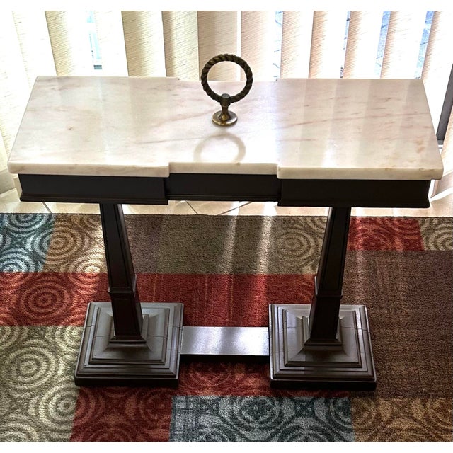 Burnt Umber 1950’s, Weiman Side/Gallery Table, W/Marble Top, Pedestal Base, Brass Handle For Sale - Image 8 of 11