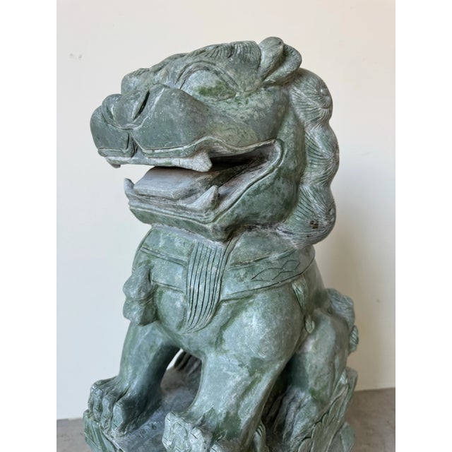 Stone Pair of Large Vintage Chinese Green Soapstone Foo Dog Guardian Sculptures For Sale - Image 7 of 12