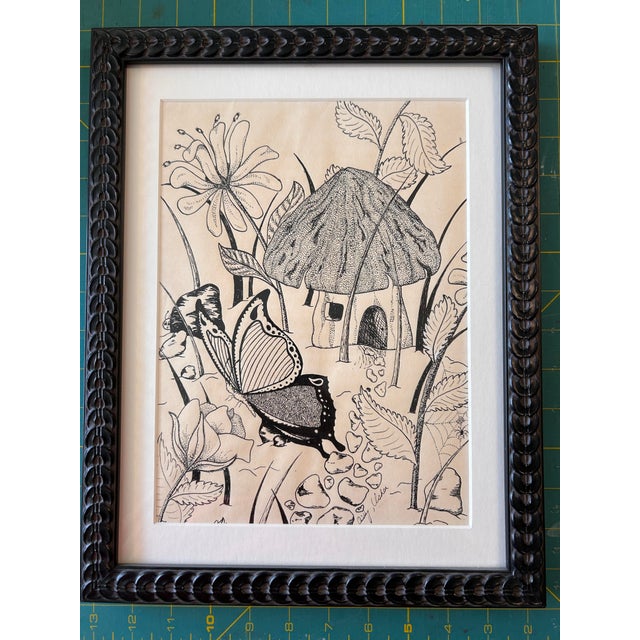 Set of 2 vintage pen and ink drawings, Mushrooms and Butterflies, framed. 1978. Approximately 11 x 14 x 1 inches....