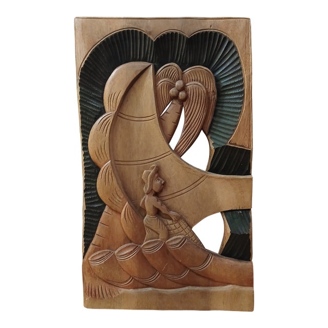 1980s Hand Carved Wood Plaque For Sale