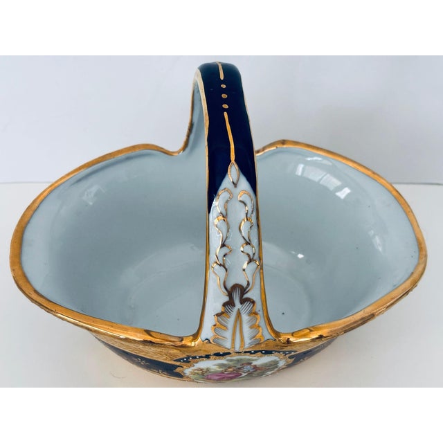 Cobalt Blue Porcelain Basket Vase With 22k Gold Encrustation and Romantic Scene For Sale - Image 13 of 16