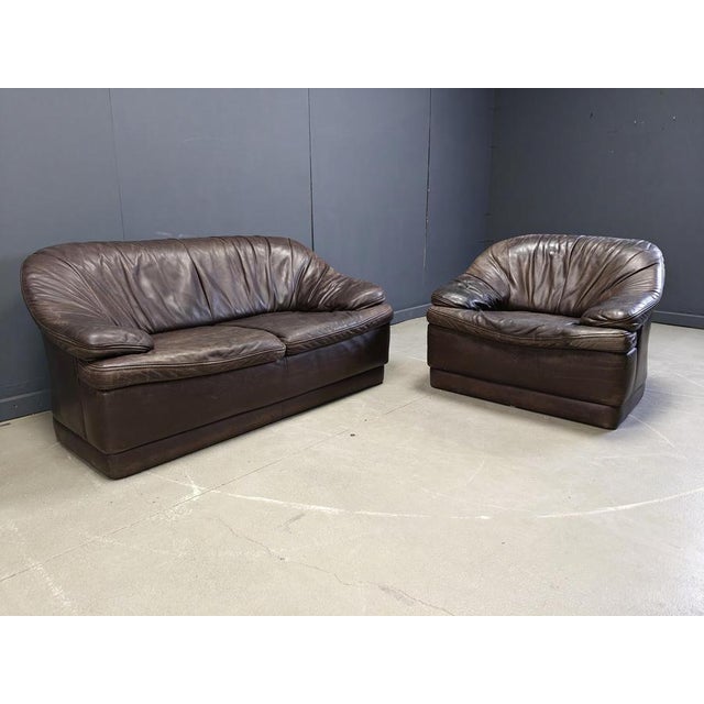 Vintage Brown Leather Sofa Set, 1970s, Set of 2 For Sale - Image 9 of 14