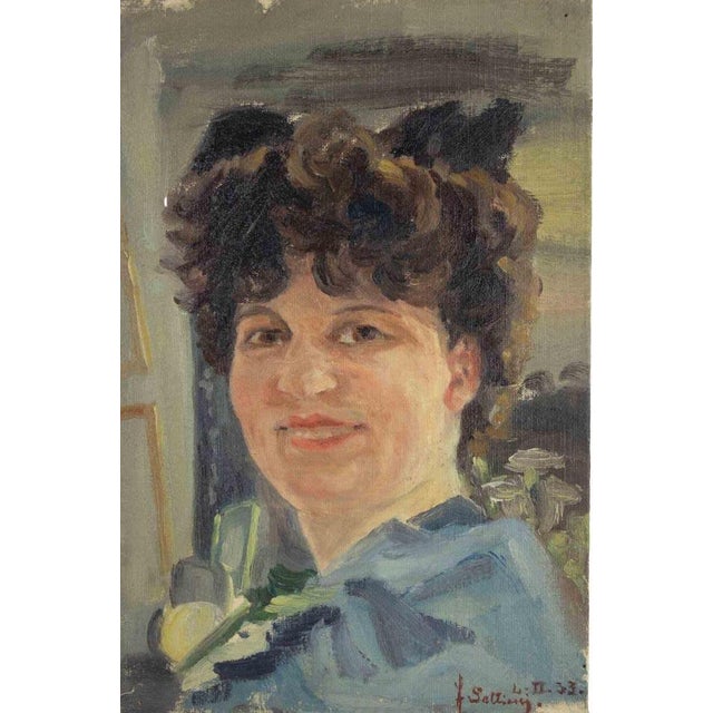 1930s Francesco Settimj, Portrait of Young Woman, Oil Painting, 1933 For Sale - Image 5 of 5