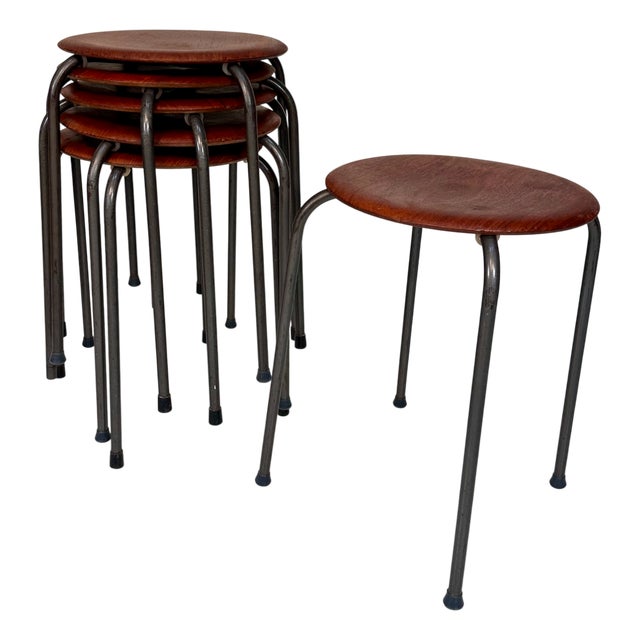 Danish Atelier Stacking Stools in Teak Plywood and Tubular Steel, 1960s, Set of 6 For Sale