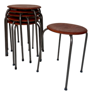 Danish Atelier Stacking Stools in Teak Plywood and Tubular Steel, 1960s, Set of 6