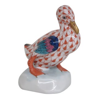 Herend Hungary Duck Figurine Hand Painted Red Fishnet Gilded Porcelain 4765b For Sale