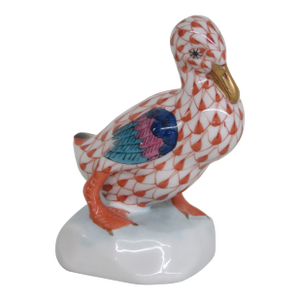 Herend Hungary Duck Figurine Hand Painted Red Fishnet Gilded Porcelain 4765b