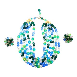 Vintage Elsa Schiaparelli Turquoise & Green Glass Strand Necklace With Clip on Earrings - 3 Pieces For Sale