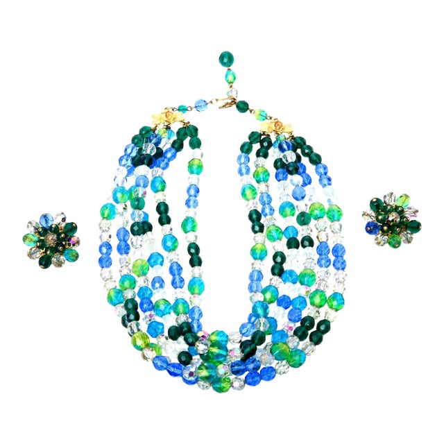 Vintage Elsa Schiaparelli Turquoise & Green Glass Strand Necklace With Clip on Earrings - 3 Pieces For Sale