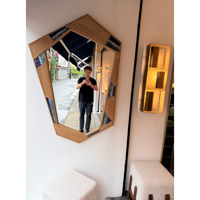 Contemporary Asymmetrical Mirror Rattan Marquetry and Enamel Metal. Italy For Sale - Image 4 of 12