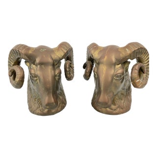 Mid 20th Century Solid Brass Rams Head Bookends- a Pair For Sale