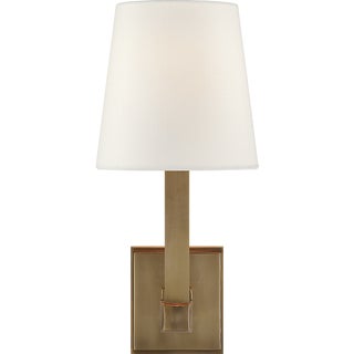 Chapman & Myers for Visual Comfort Signature Square Tube Single Sconce in Hand-Rubbed Antique Brass with Linen Shade For Sale