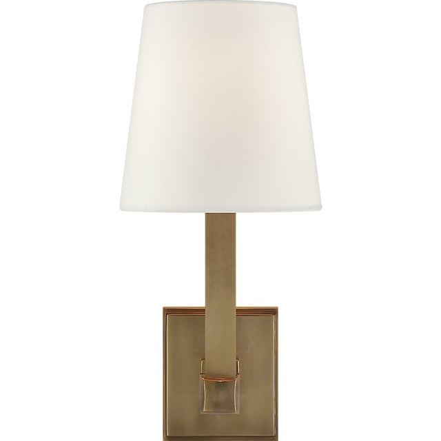Chapman & Myers for Visual Comfort Signature Square Tube Single Sconce in Hand-Rubbed Antique Brass with Linen Shade For Sale